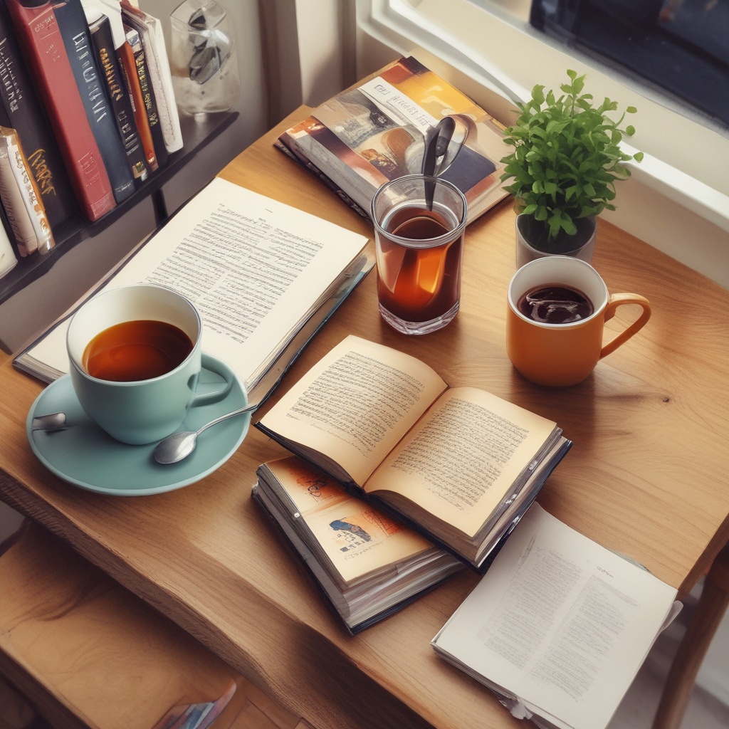 Books on a desk with one cup of drink